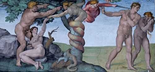 Michelangelo's depiction in the Sistene Chapel of Adam and Eve giving in to tempation and being exiled.